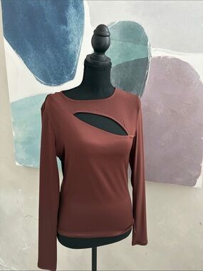 Long Sleeve, one side mesh  Cutout Top in Deep Brown